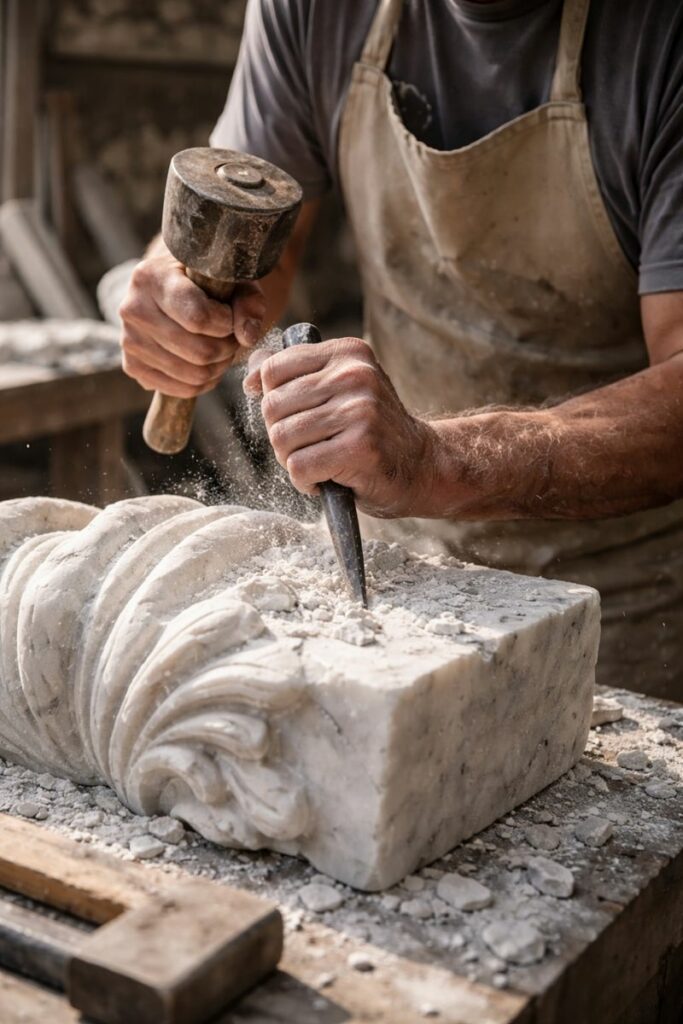Skilled worker sculpturing carrara marble