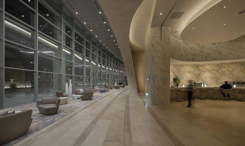 Calacatta Vagli marble feature wall in luxury hotel lobby project in South Korea